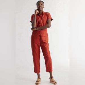Quince Cotton Linen Twill Short Sleeve Coverall Jumpsuit sz M Women's Rust Red